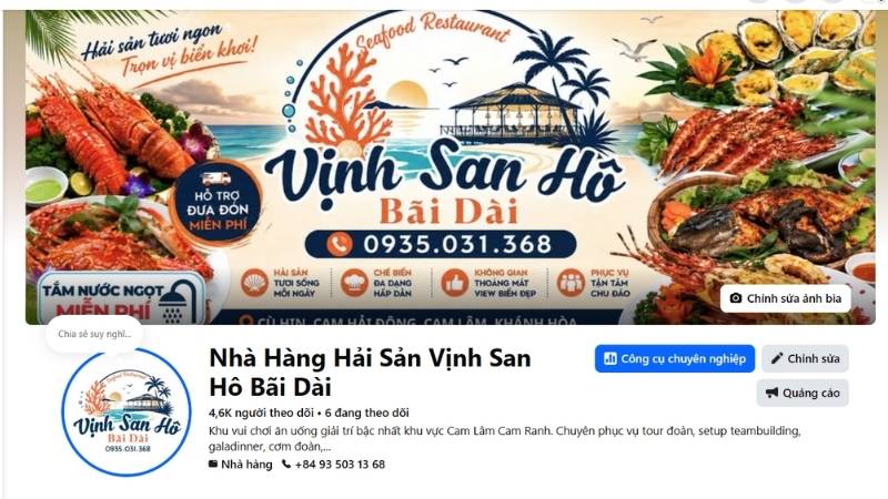 Kênh facebook nhà hàng hải sản Vịnh San Hô Bãi Dài